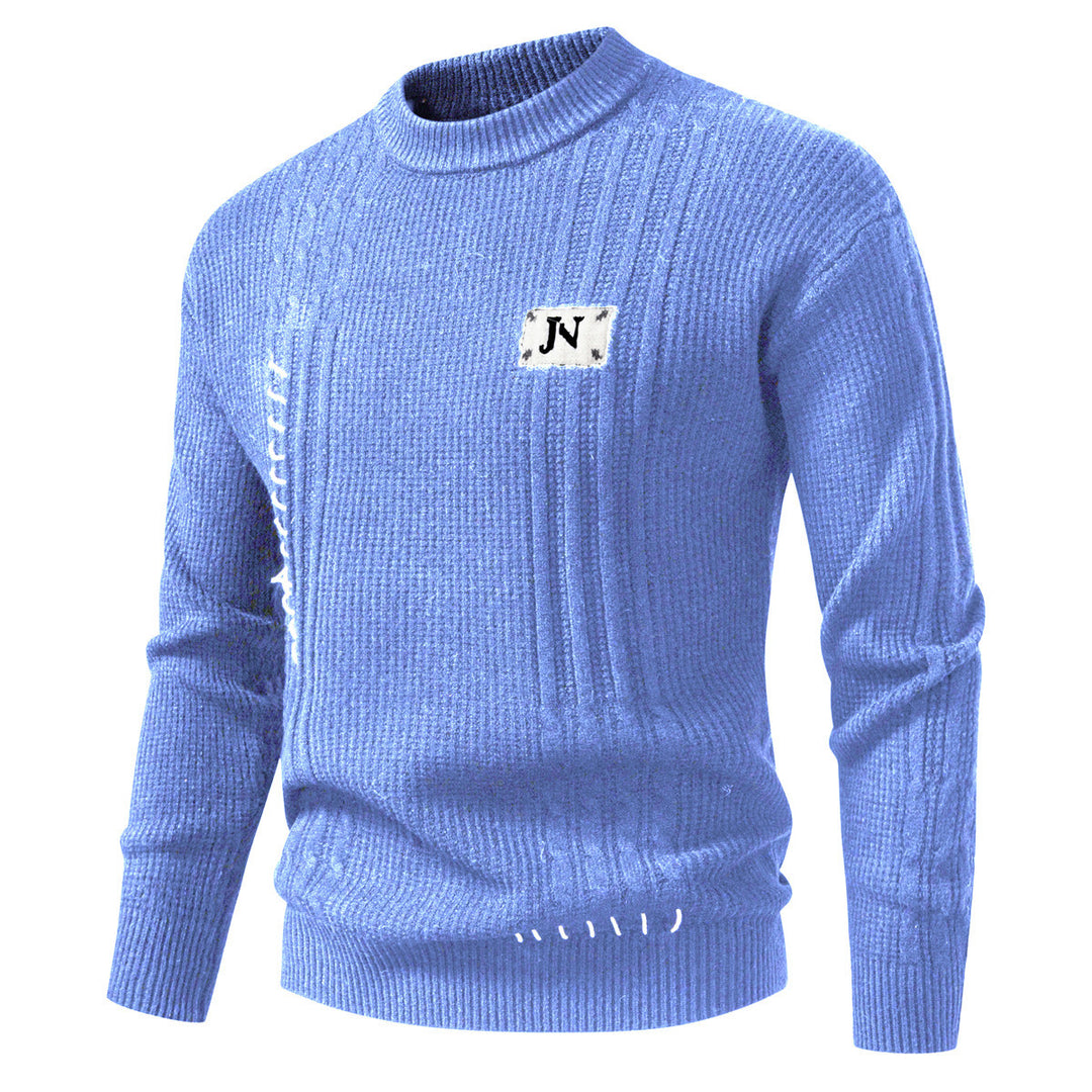 Men's Structured Ribbed Knit Pullover with Decorative Seams and Logo Patch Mune Fashion