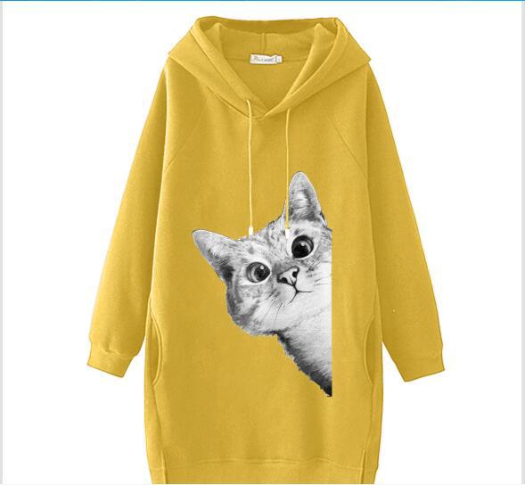 Women's Oversize Hooded Dress with Large Cat Design and Side Pockets Mune Fashion