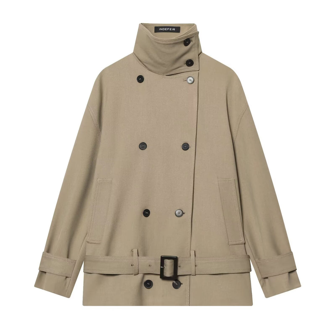 Women Short Trench Coat with High Stand Collar, Double-Breasted Button Placket and Waist Belt Mune Fashion