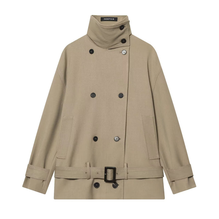 Women Short Trench Coat with High Stand Collar, Double-Breasted Button Placket and Waist Belt Mune Fashion