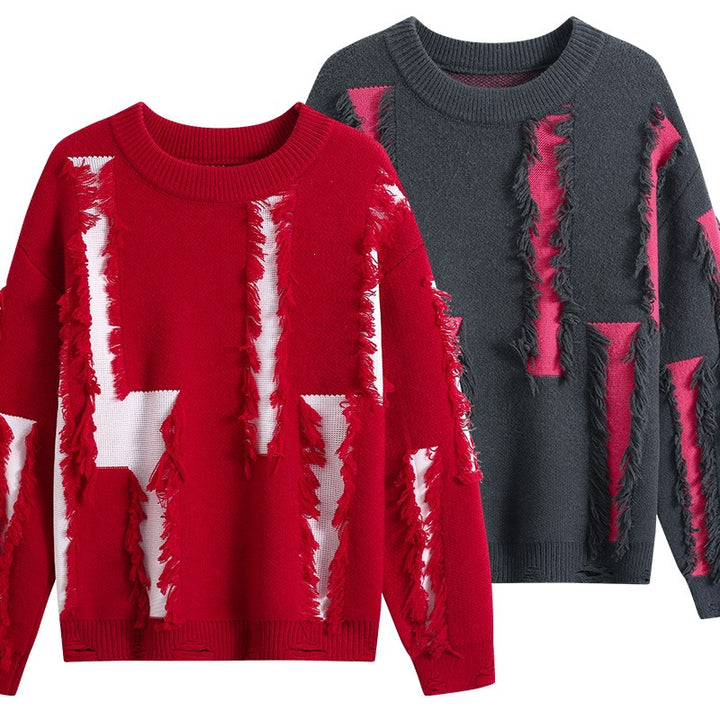 Women Oversize Knit Sweater with Fringe Applications and Destroyed Look Mune Fashion