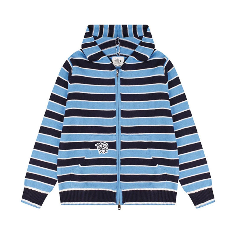 Women's hooded cardigan with full zip, striped texture, and Mune Fashion embroidery detail