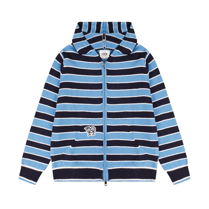 Women's hooded cardigan with full zip, striped texture, and Mune Fashion embroidery detail