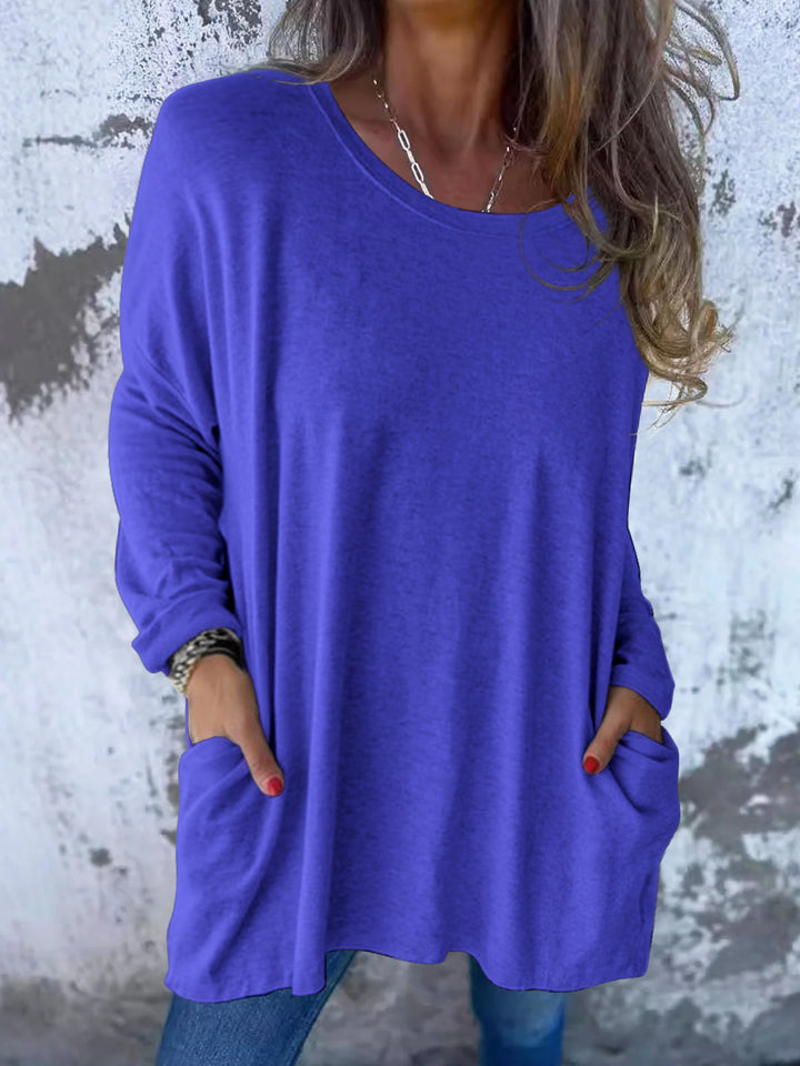 Ladies Soft Oversize Long Shirt with Round Neck, Casual Sleeves and Side Pockets Mune Fashion