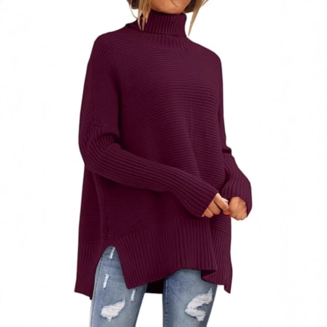 Women Oversize Ribbed Turtleneck Sweater with Side Slits and Extended Hem