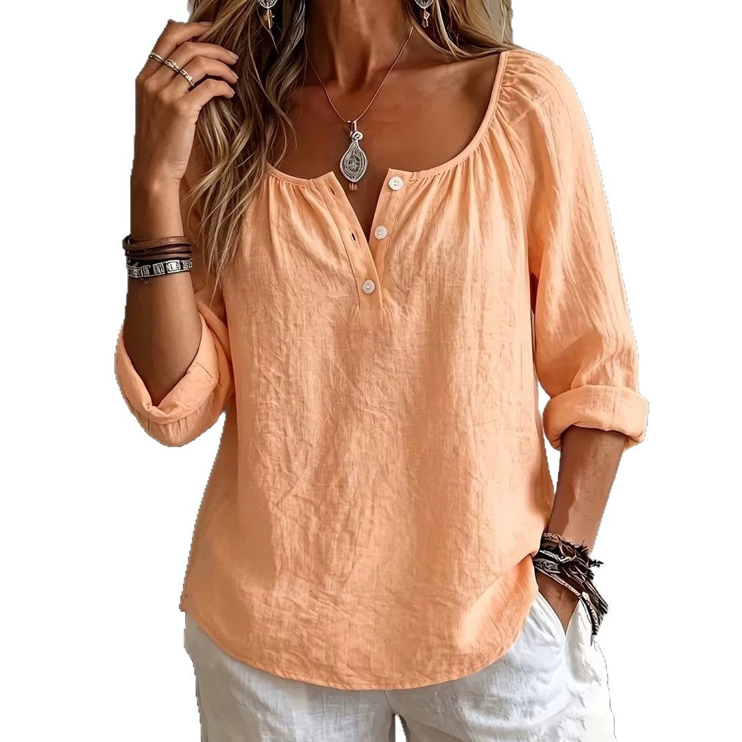 Women's Loose Fitting Linen Look Tunic with U-Neck and Short Button Placket Mune Fashion