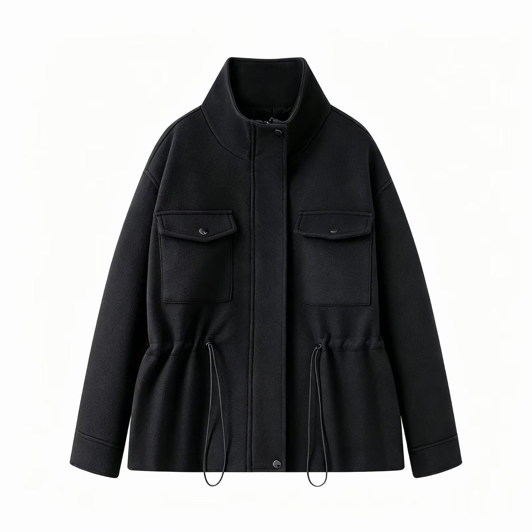 Women's wool blend field jacket with stand-up collar, patch breast pockets, and drawstring waist Mune Fashion