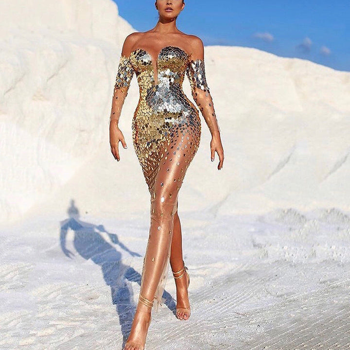 Women Sparkling Evening Dress with Transparent Sleeves Mune