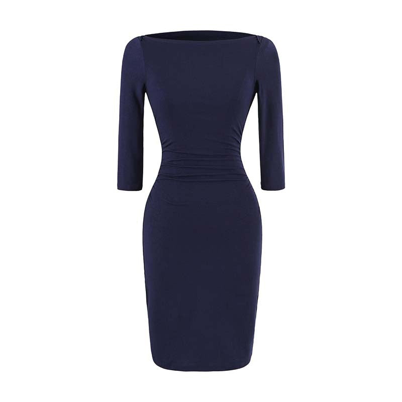 Women’s Fitted Midi Dress with Boat Neck, Three-Quarter Sleeves and Gathered Waist
