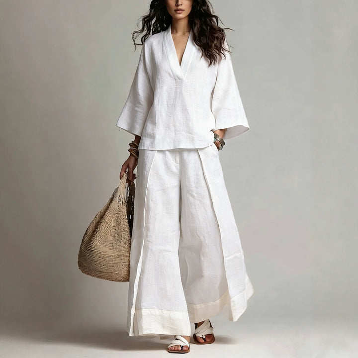 Women's linen two-piece set with wide palazzo pants V-neck and contrasting hem Mune Fashion