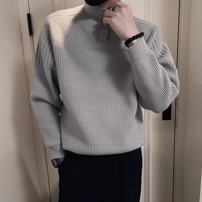 Men's Relaxed Rib Knit Sweater with Half Button Stand Collar Mune Fashion