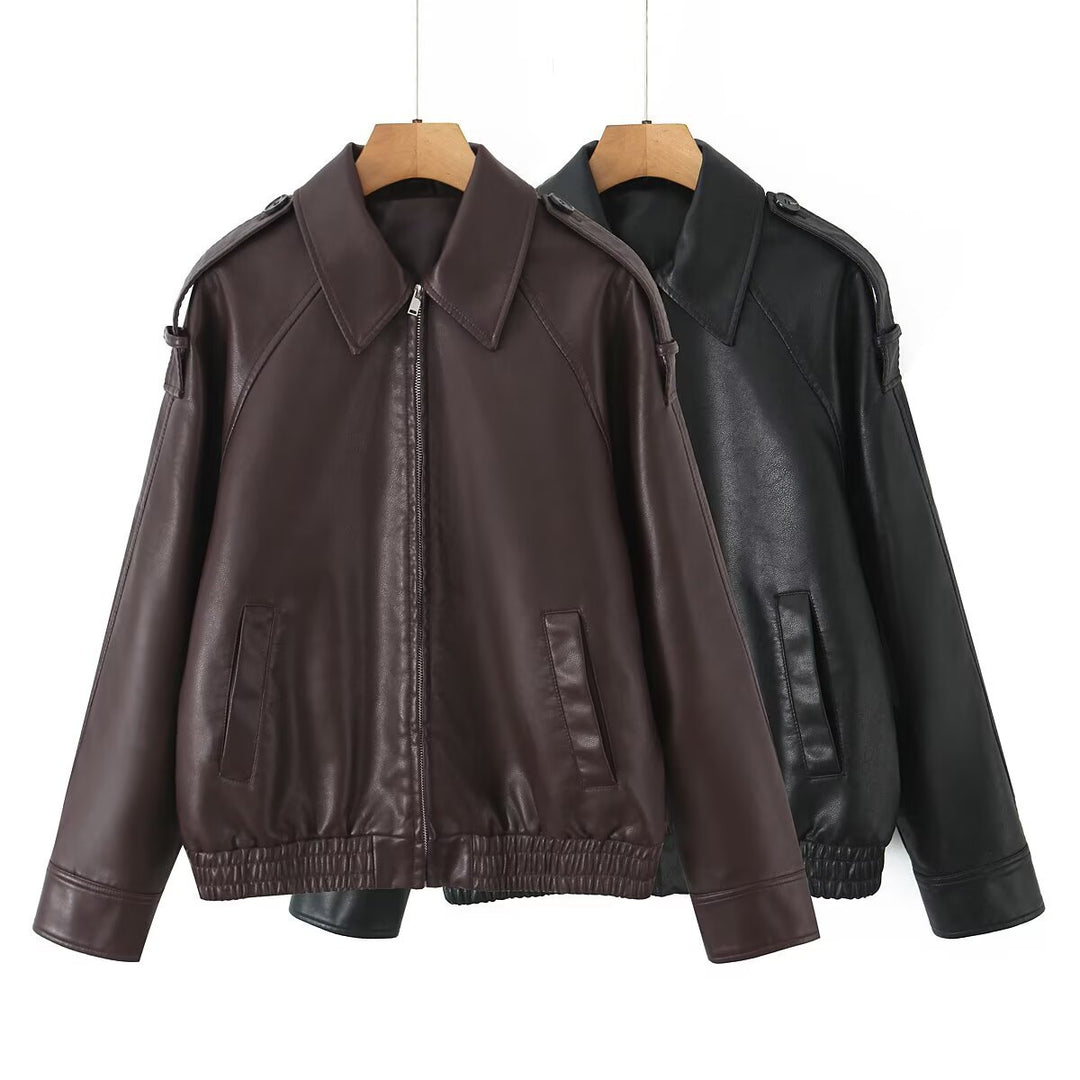 Women's Oversized Faux Leather Flight Jacket with Bonded Collar, Shoulder Epaulettes, and Elastic Hem Mune Fashion