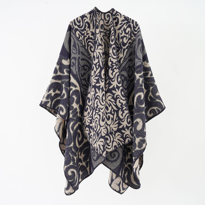 Women's Ornamental Jacquard Cape Poncho with Open Fall and Boxy Silhouette Mune Fashion