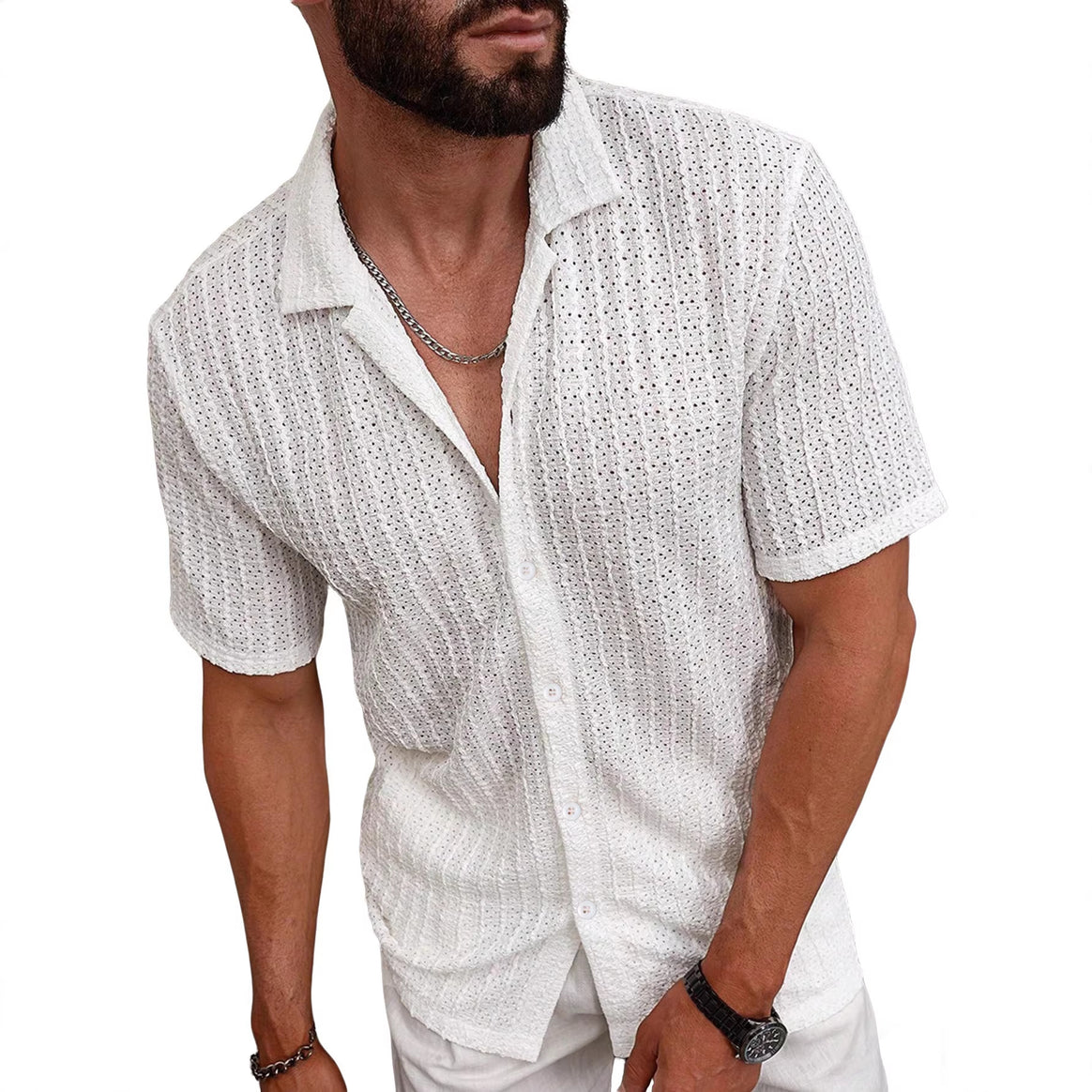 Men's airy short-sleeve ajour shirt with shawl collar and continuous button placket Mune Fashion