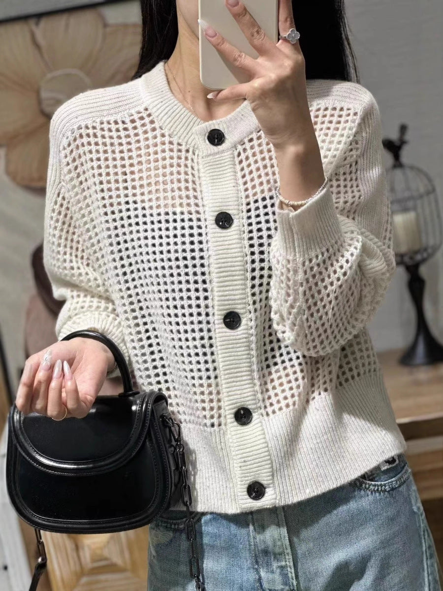 Women Loose Mesh Cardigan with Openwork, Round Neckline and Button Placket Mune Fashion