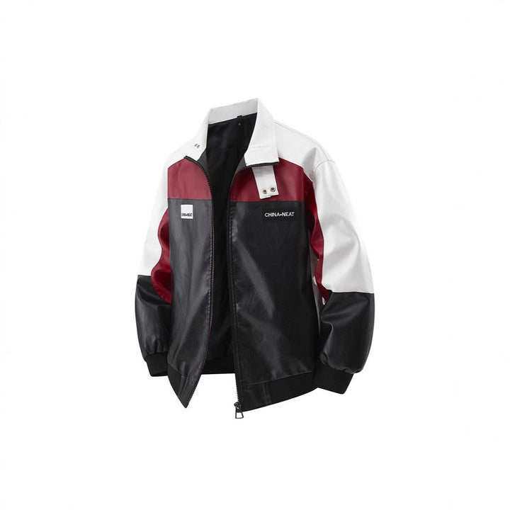 Men's Colorblock Faux Leather Bomber Jacket with Stand Collar and Double-Sided Zipper Mune Fashion