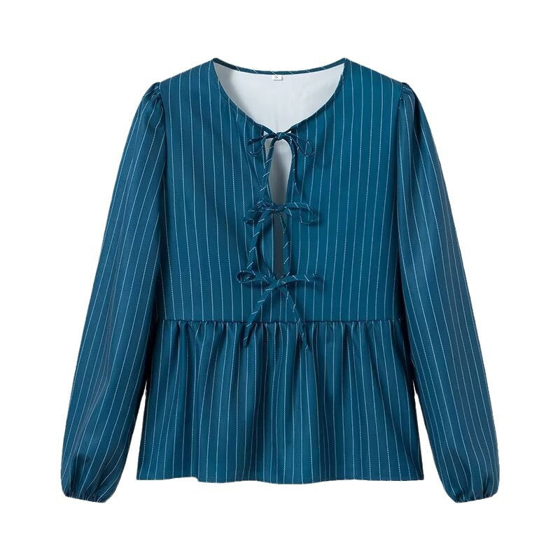 Women's Striped Peplum Blouse with Front Lacing and Long Balloon Sleeves Mune Fashion