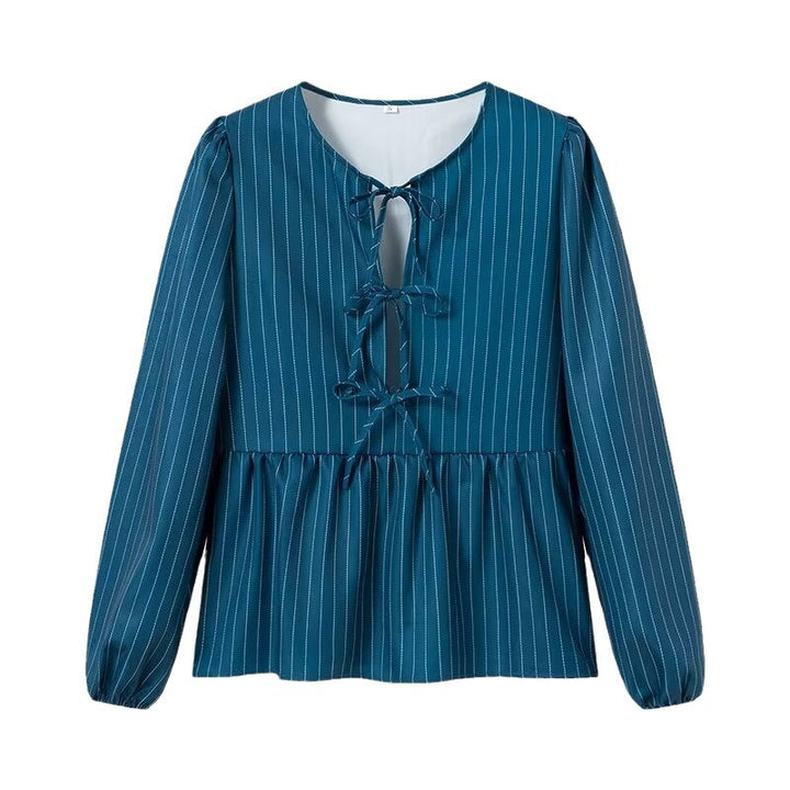 Women's Striped Peplum Blouse with Front Lacing and Long Balloon Sleeves Mune Fashion