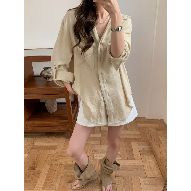Ladies Casual Linen Look Long Shirt with Oversize Cut and Breast Pocket Mune Fashion