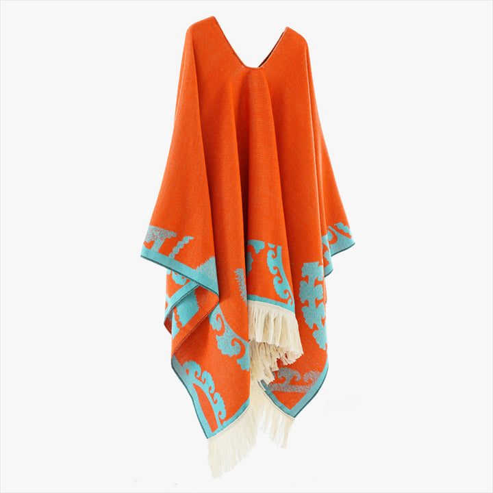 Women's wool blend medallion poncho with V-neck and fringe hem Mune Fashion