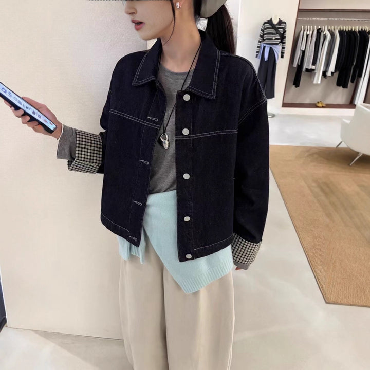 Women's Short Cut Denim Jacket with Contrasting Check Cuffs Mune Fashion