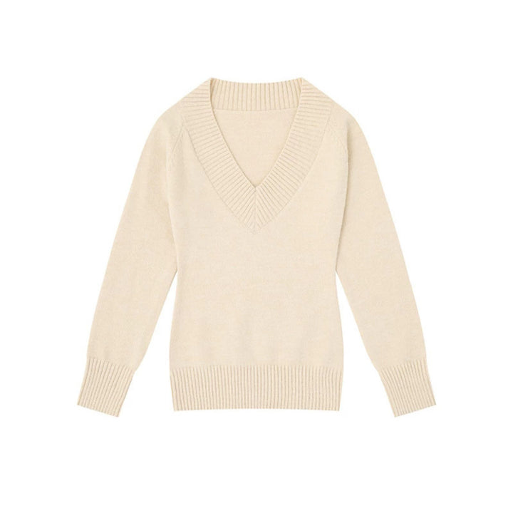 Women's fine knit pullover with deep V-neck, wide ribbed hem, and relaxed fit Mune Fashion