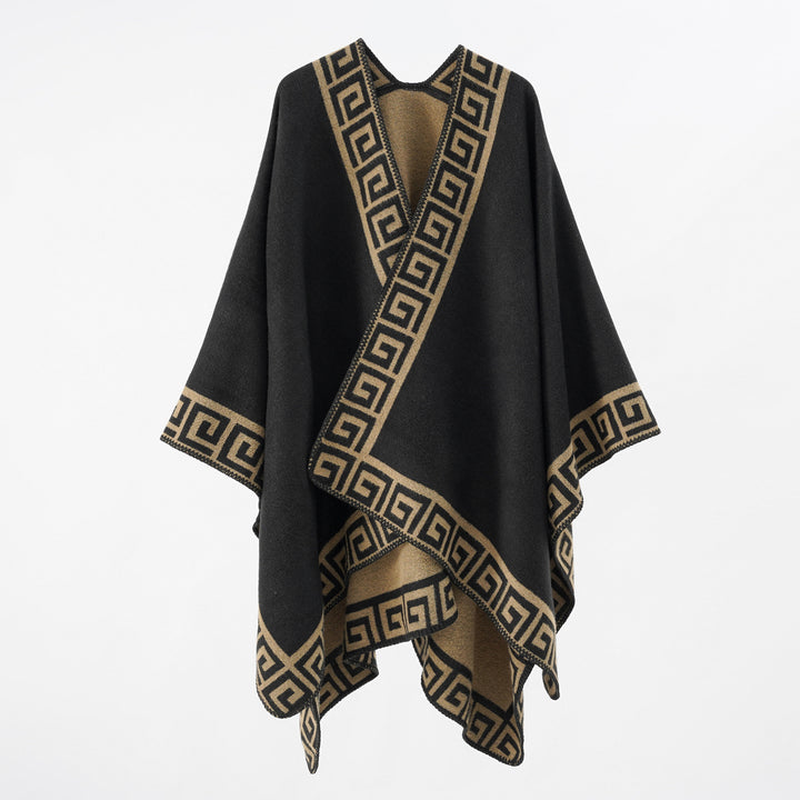 Women's Cape Poncho with Meander Border and Wool Mix Quality Mune Fashion
