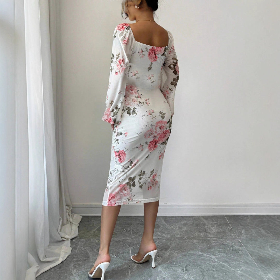 Women's tailored midi dress with square neckline, balloon sleeves, and floral stretch jersey Mune Fashion