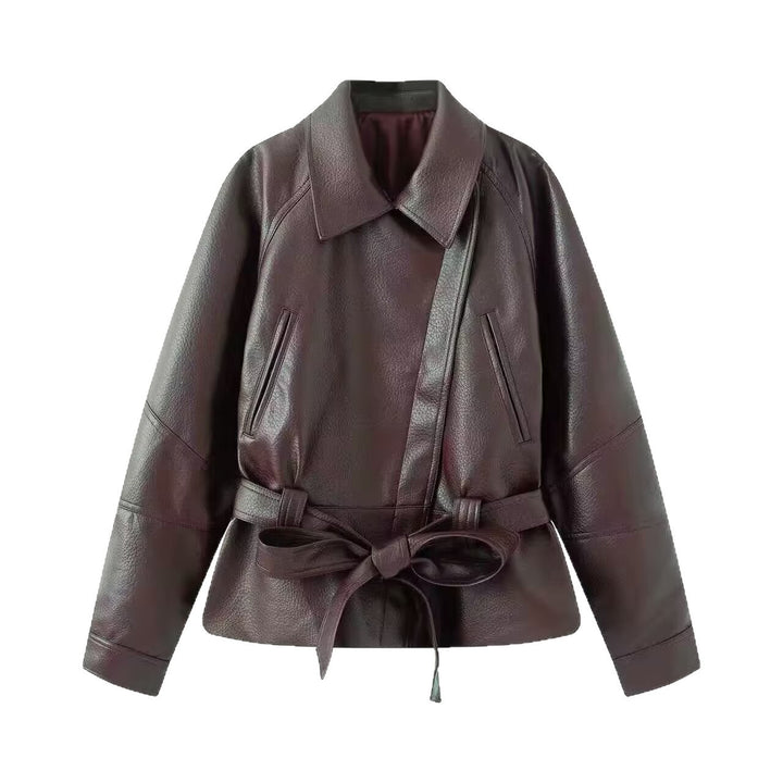 Women's tailored leather jacket with tie belt and dropped shoulder Mune Fashion