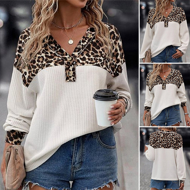 Women's loose waffle knit long sleeve shirt with leopard print yoke and Henley button placket Mune Fashion