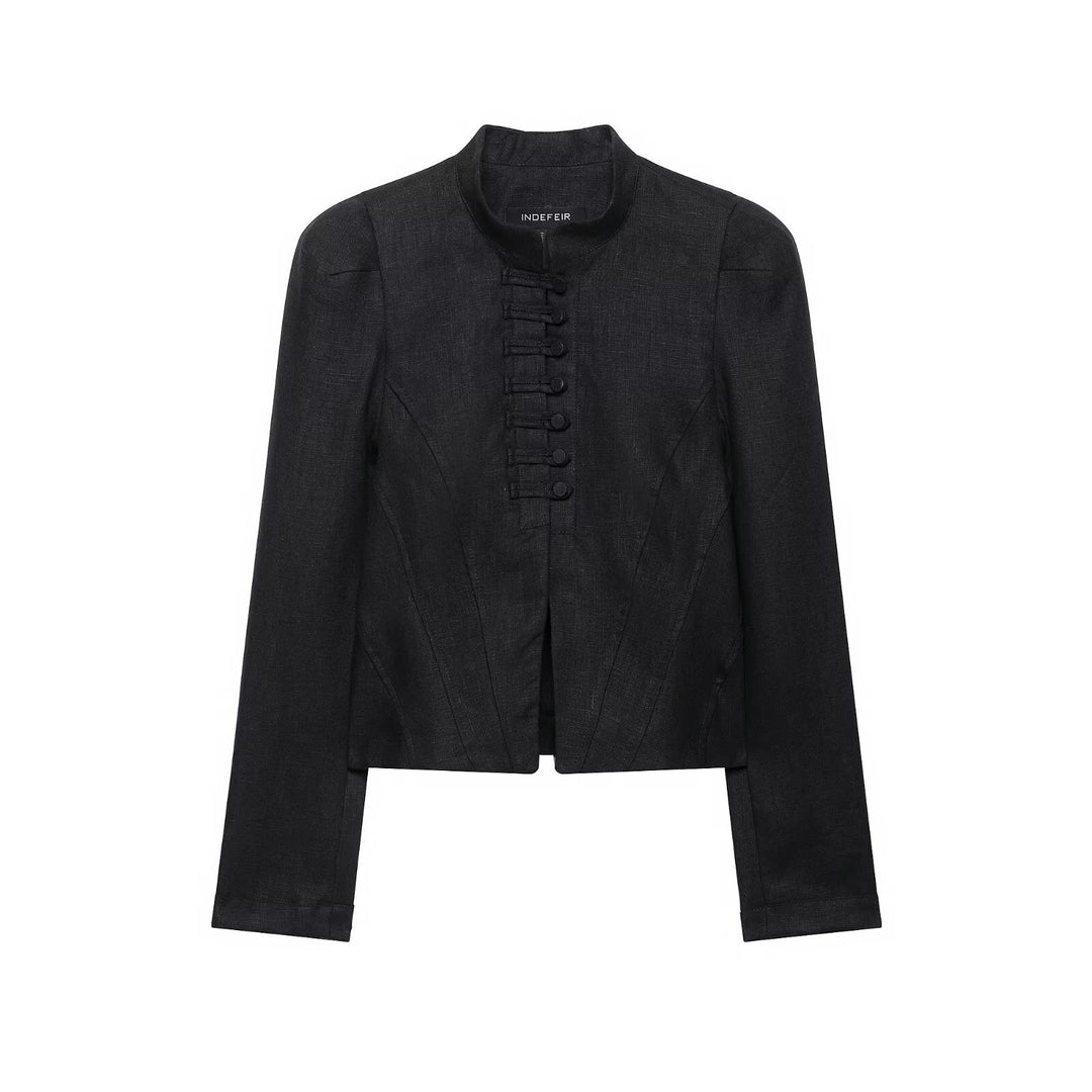 Ladies' short blazer in corset style with stand-up collar, decorative knot closure and tailored division Mune Fashion