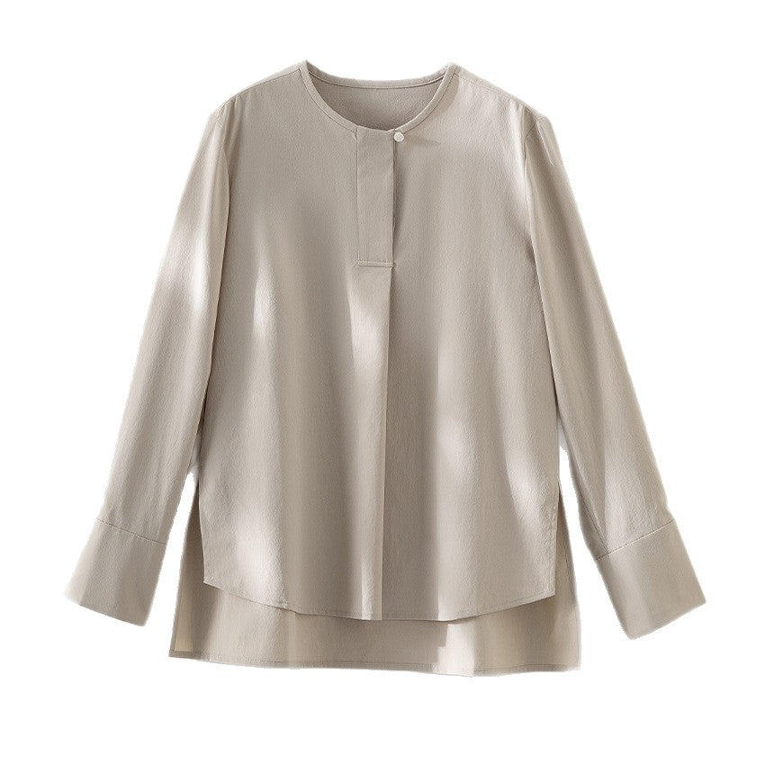 Ladies Casual Long Sleeve Blouse with Hidden Button Placket and Layered Hem Mune Fashion