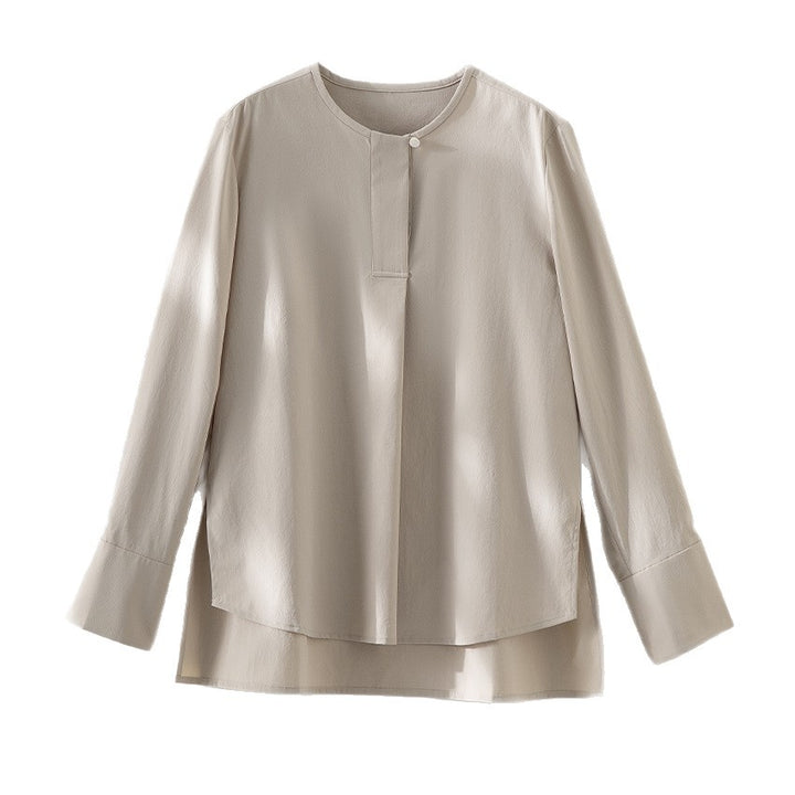 Ladies Casual Long Sleeve Blouse with Hidden Button Placket and Layered Hem Mune Fashion