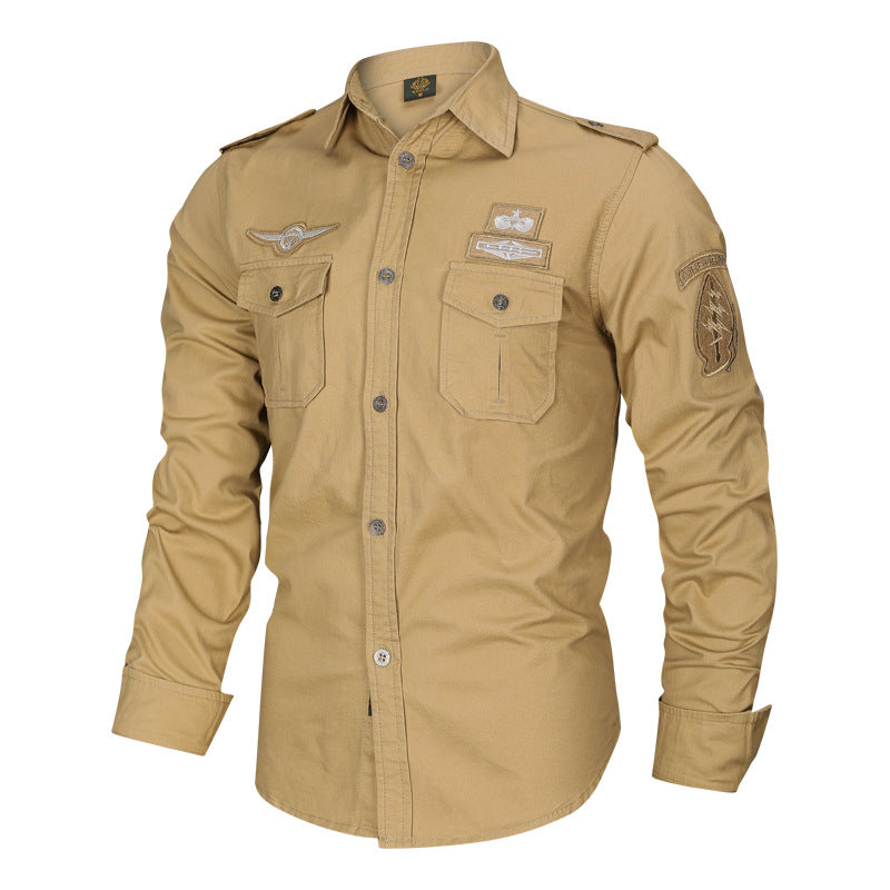 Men's tailored cotton shirt with epaulettes, patch chest pockets, and distinctive patch details Mune Fashion