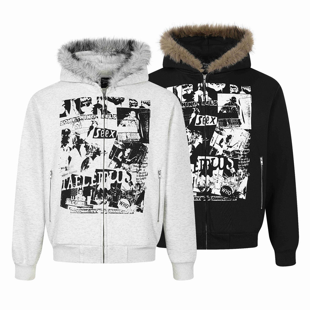 Women's hooded sweatshirt jacket with artificial fur trim, front zip and collage print Mune Fashion