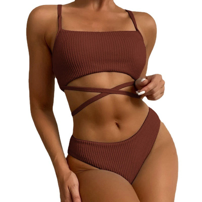 Ladies High-Cut Rib Bikini with Cross Details Mune Fashion