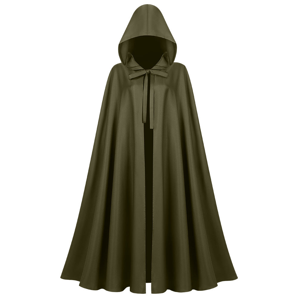 Unisex longer hooded cloak made of water-repellent polyester with a full round cut and drawstring