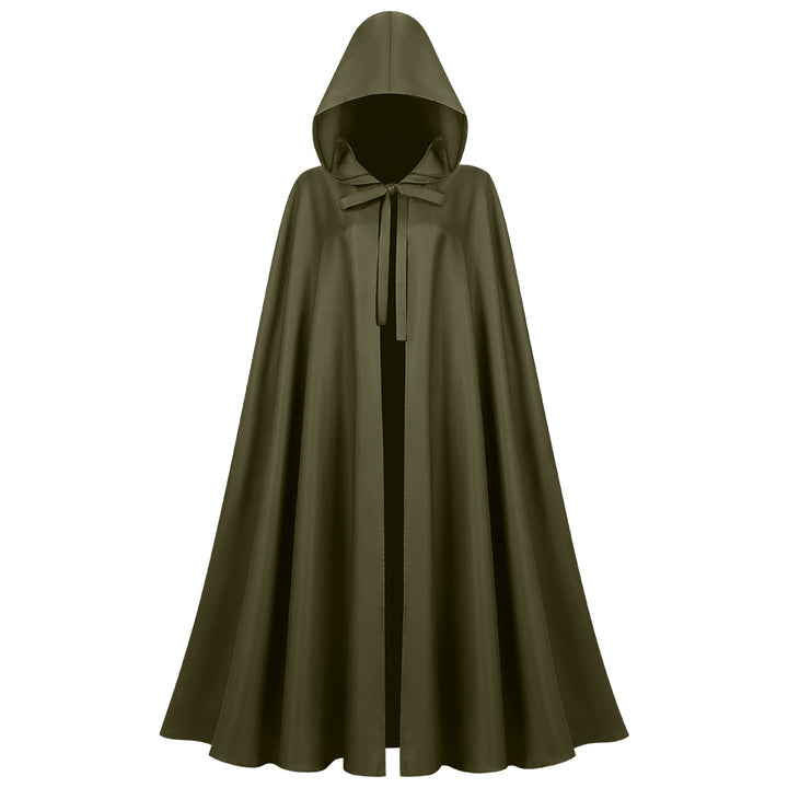 Unisex longer hooded cloak made of water-repellent polyester with a full round cut and drawstring