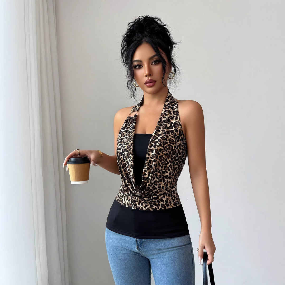 Women's Sleeveless Halter Wrap Top with Draped Front and Metal Ring Mune Fashion