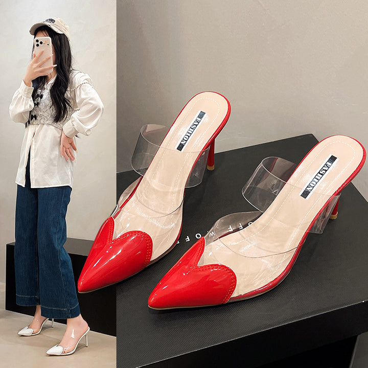 Women Elegant lace Mule pumps with transparent PVC straps and patent leather applications Mune Fashion