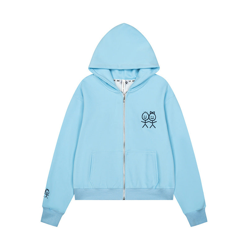 Women's hooded sweatshirt jacket with full zip lightweight French terry stick figure print and kangaroo pockets Mune Fashion