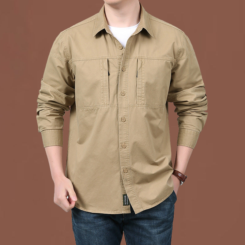 Men's lightweight cotton utility overshirt with two concealed chest pockets and classic Kent collar.