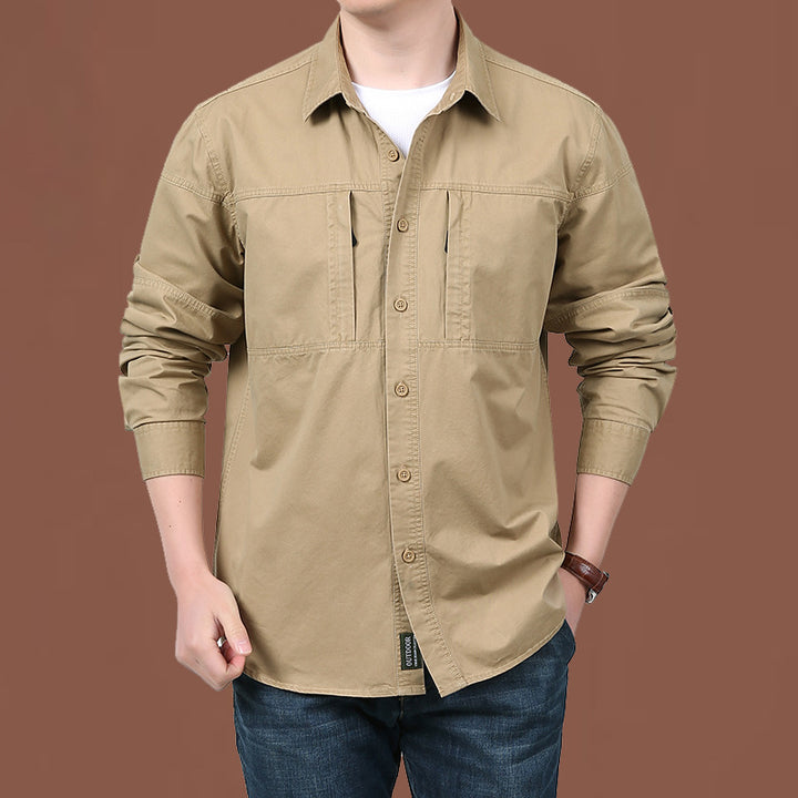 Men's lightweight cotton utility overshirt with two concealed chest pockets and classic Kent collar.