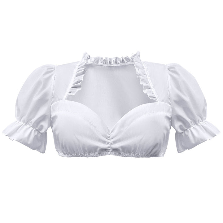 Ladies traditional Dirndl blouse short with puff sleeves heart neckline and ruffle detail Mune Fashion