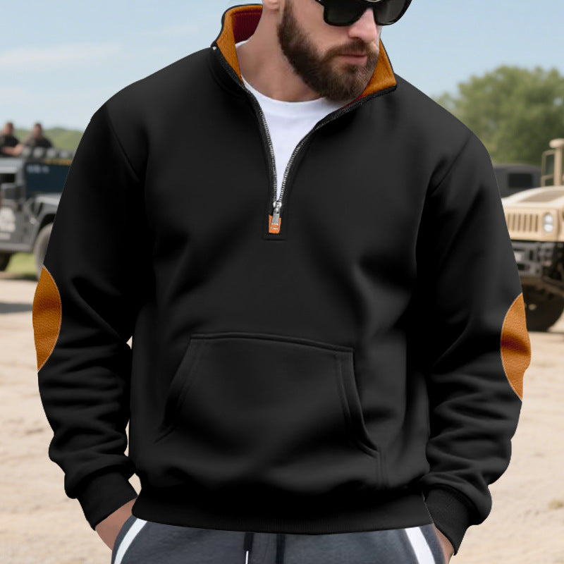 Men's Nano Insulated Half-Zip Pullover with Stand-Up Collar Fleece Lining Kangaroo Pocket and Suede Elbow Patches Mune Fashion