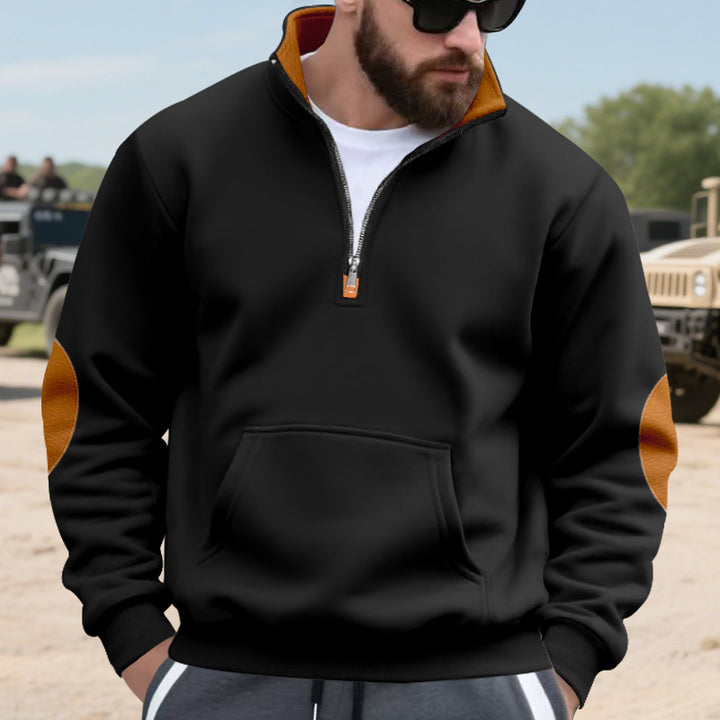 Men's Nano Insulated Half-Zip Pullover with Stand-Up Collar Fleece Lining Kangaroo Pocket and Suede Elbow Patches Mune Fashion