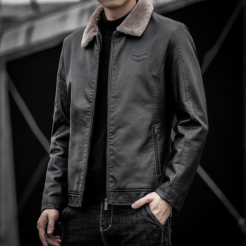Men's Faux Leather Jacket with Soft Collar Mune Fashion