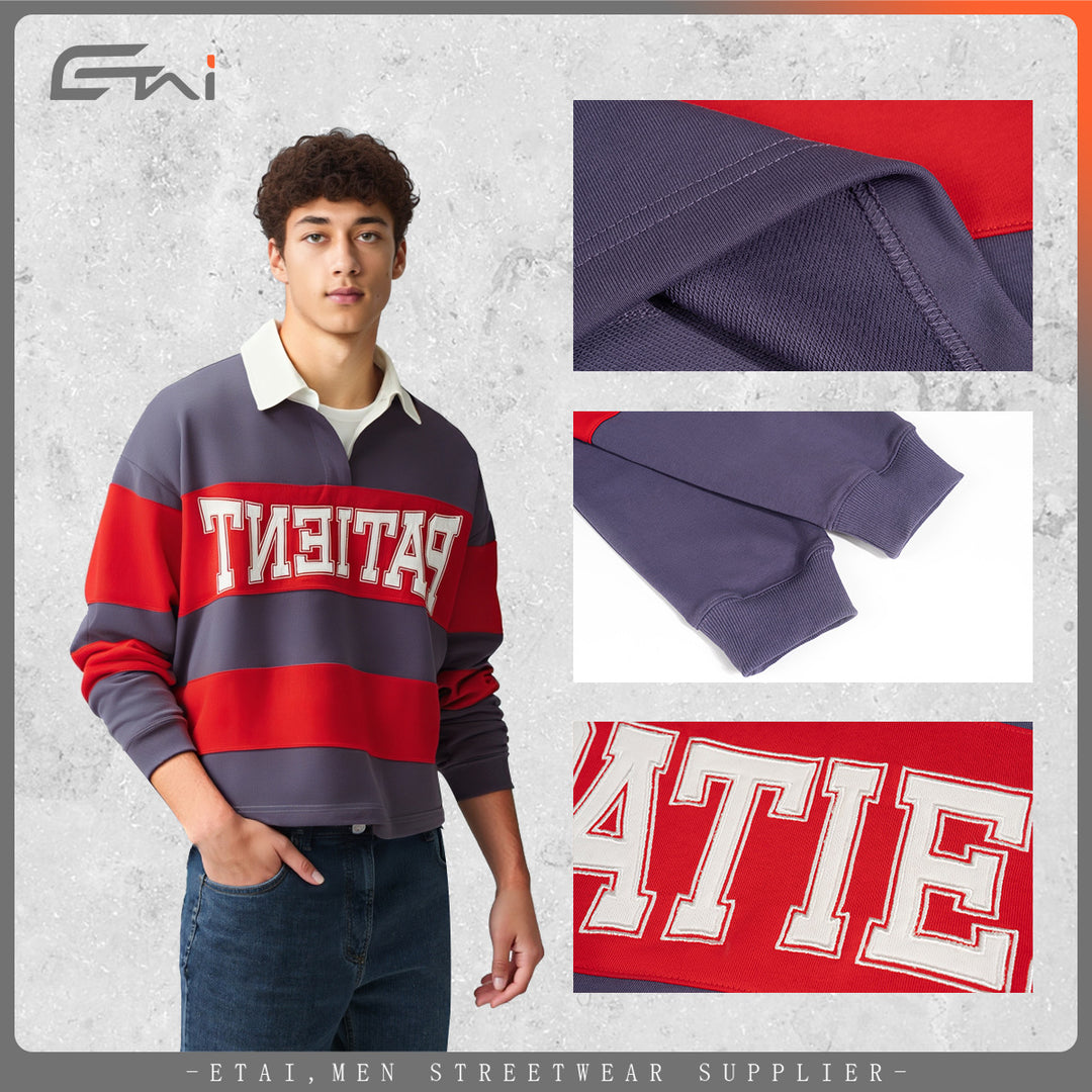 Men Striped Rugby Polo Sweatshirt with Contrast Collar and Oversized Fit Mune Fashion