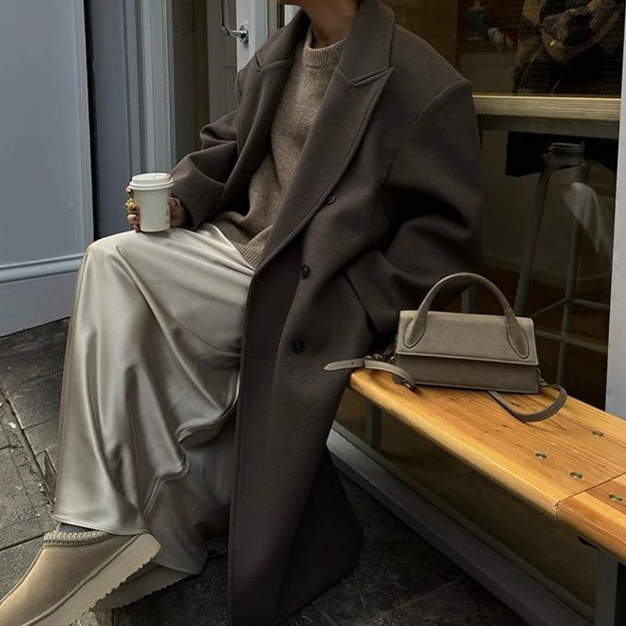 Women's Double-Breasted Maxi Wool Blend Coat with Slim Silhouette and Dropped Lapel Mune Fashion