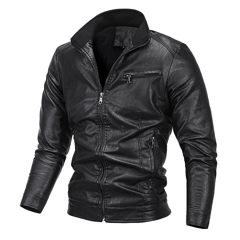 Men's Slim-Fit Faux Leather Blouson with Stand Collar and Zipper Pockets Mune Fashion